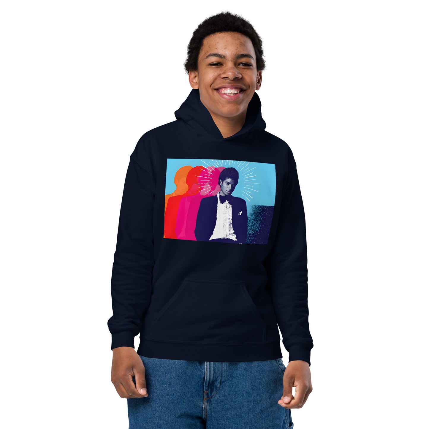 Moletom streetwear infantil azul marinho com estampa pop art colorida de Michael Jackson, estilo anime manga França 2026.