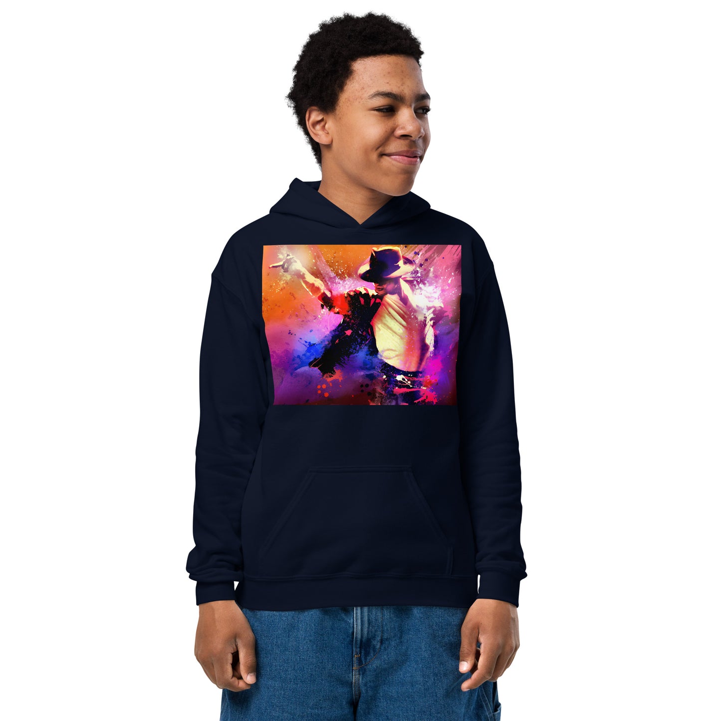 Moletom infantil azul marinho com estampa colorida de Michael Jackson em estilo vintage streetwear manga 2026 França homem.
