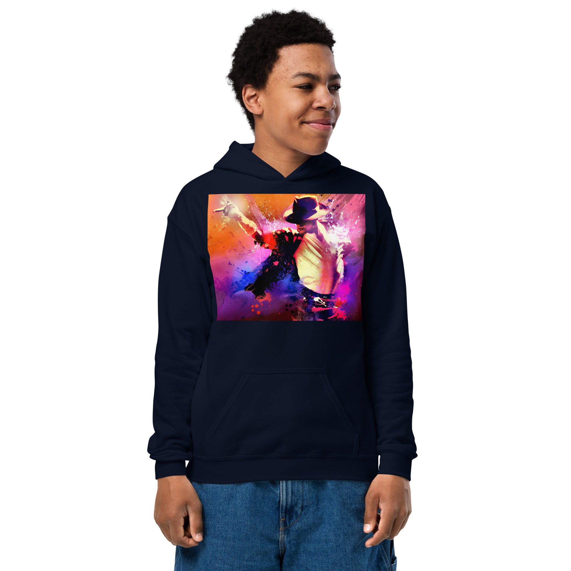 Moletom infantil azul marinho com estampa colorida de Michael Jackson em estilo vintage streetwear manga 2026 França homem.