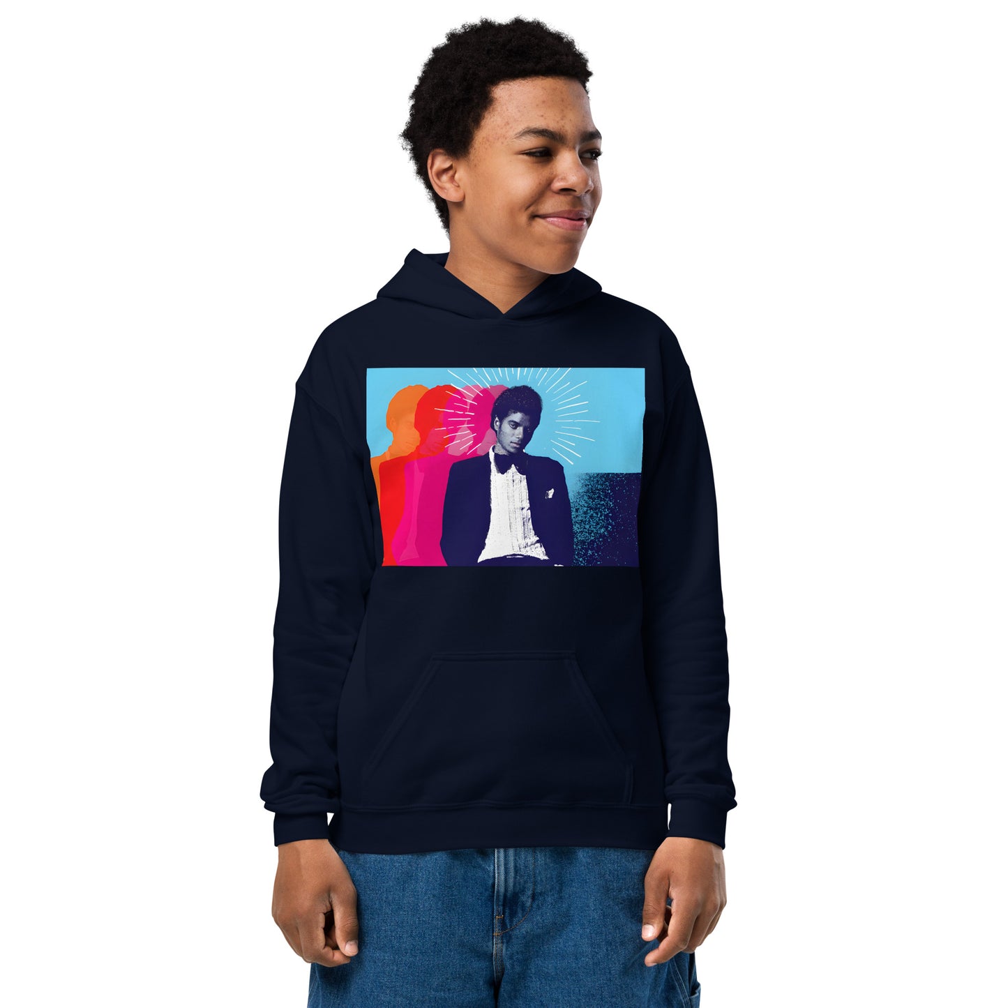 Moletom hoodie azul marinho streetwear unissex com estampa pop art colorida do Michael Jackson, estilo vintage manga, França .