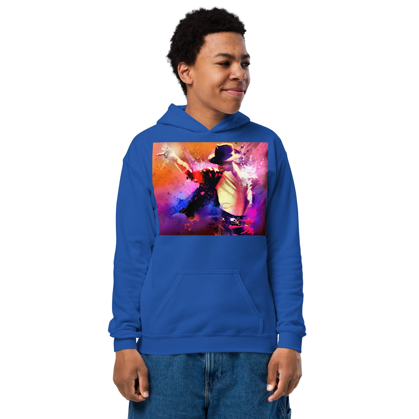 Moletom azul streetwear infantil com estampa colorida de Michael Jackson em estilo vintage 2026 manga.