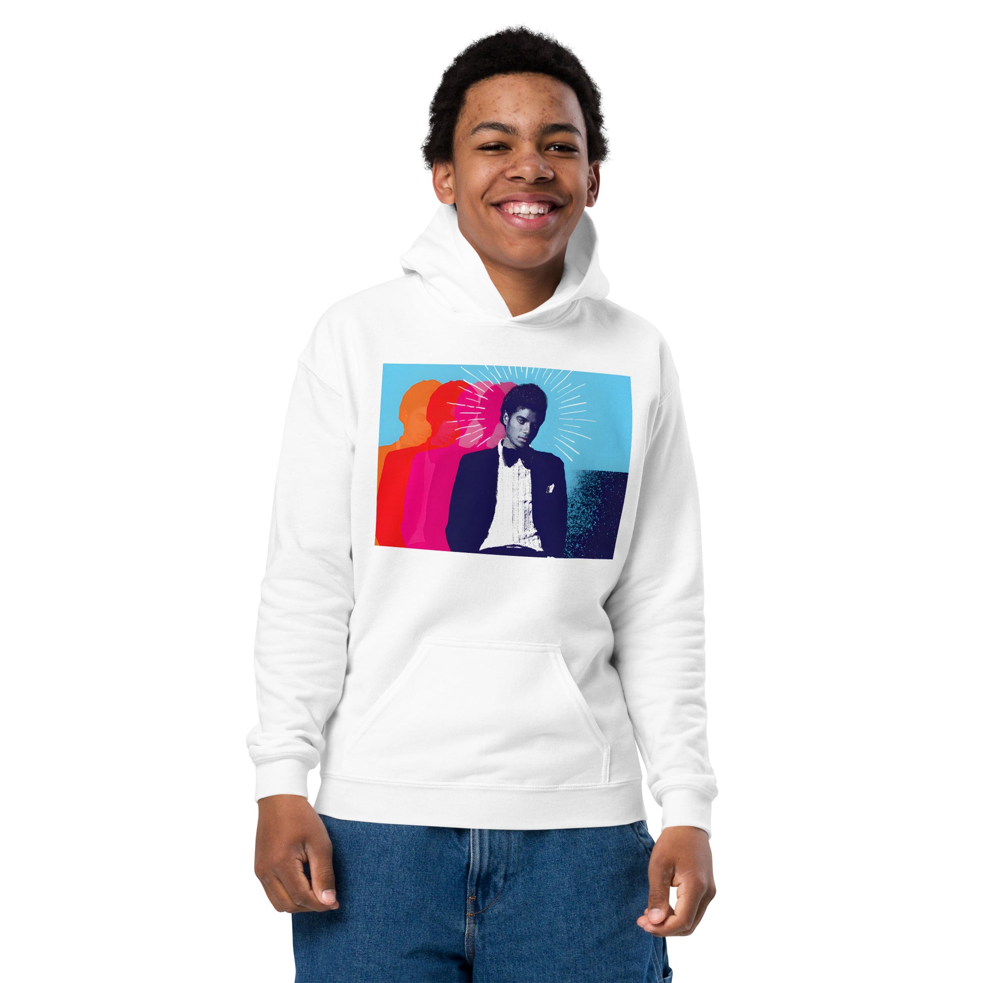 Moletom branco infantil oversized com estampa pop art colorida de Michael Jackson, streetwear 2026 França.