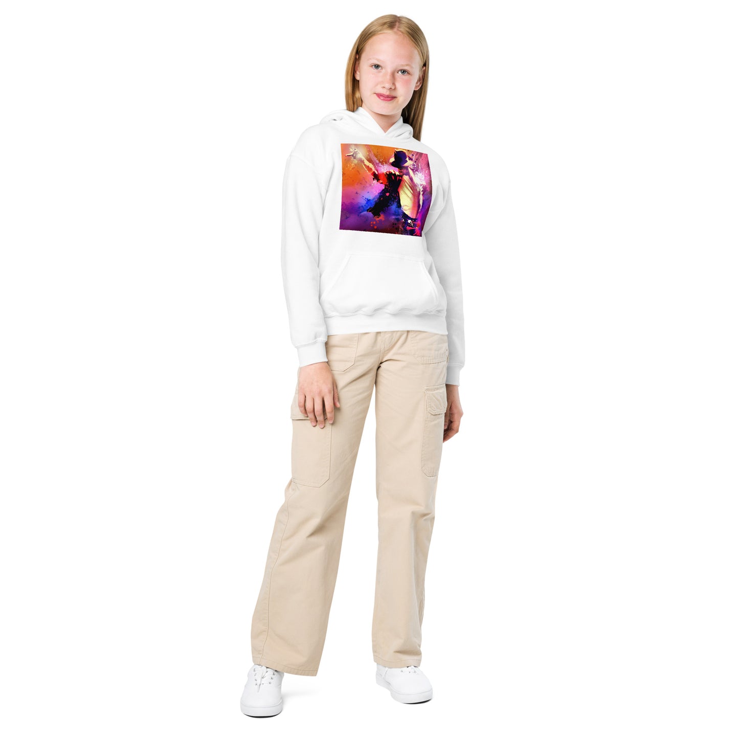 Moletom branco infantil oversized Michael Jackson King of Pop com estampa neon vintage, estilo streetwear manga, França 2026.