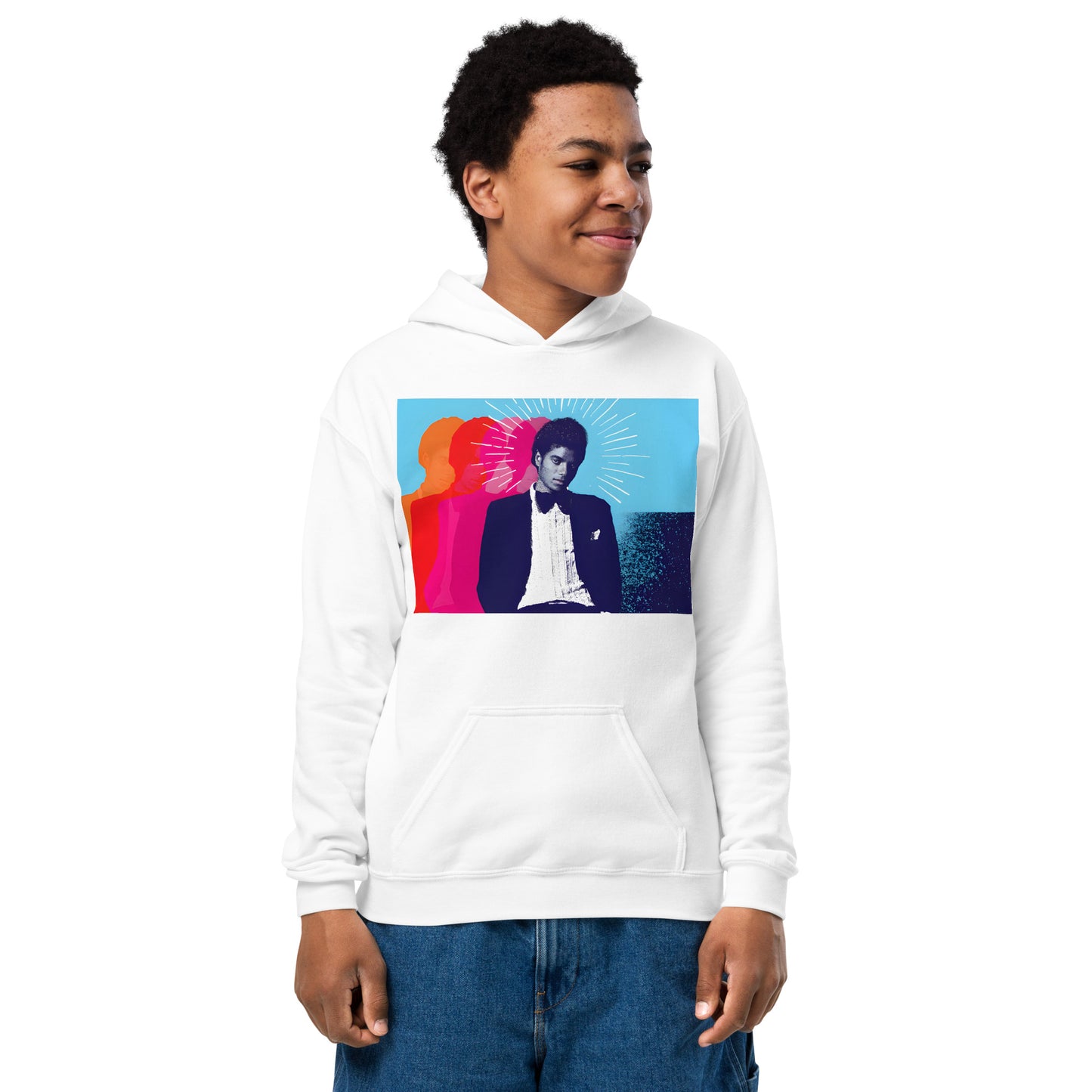 Moletom branco oversized com estampa pop art colorida do Michael Jackson, estilo streetwear manga longa.