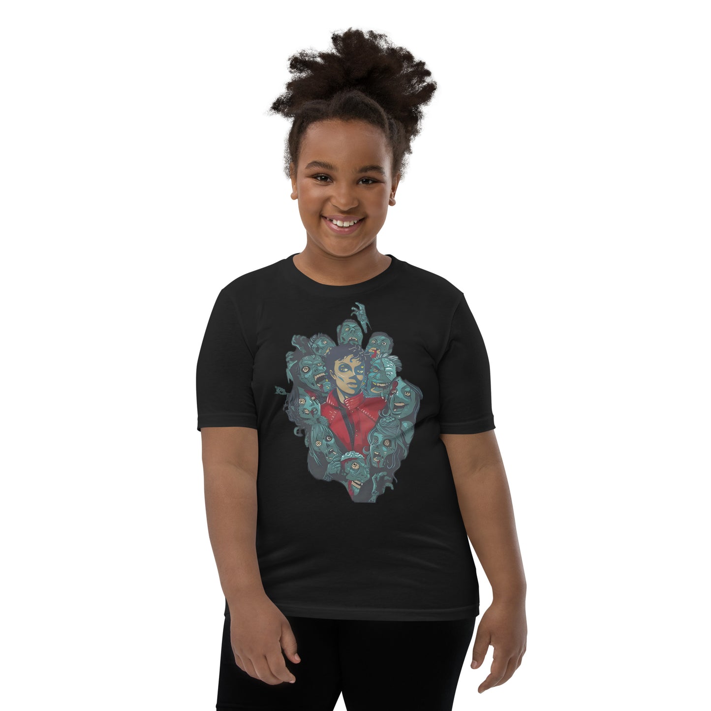 Camiseta preta oversized streetwear infantil Michael Jackson Thriller com arte gráfica estilo manga e anime, inspiração pop.