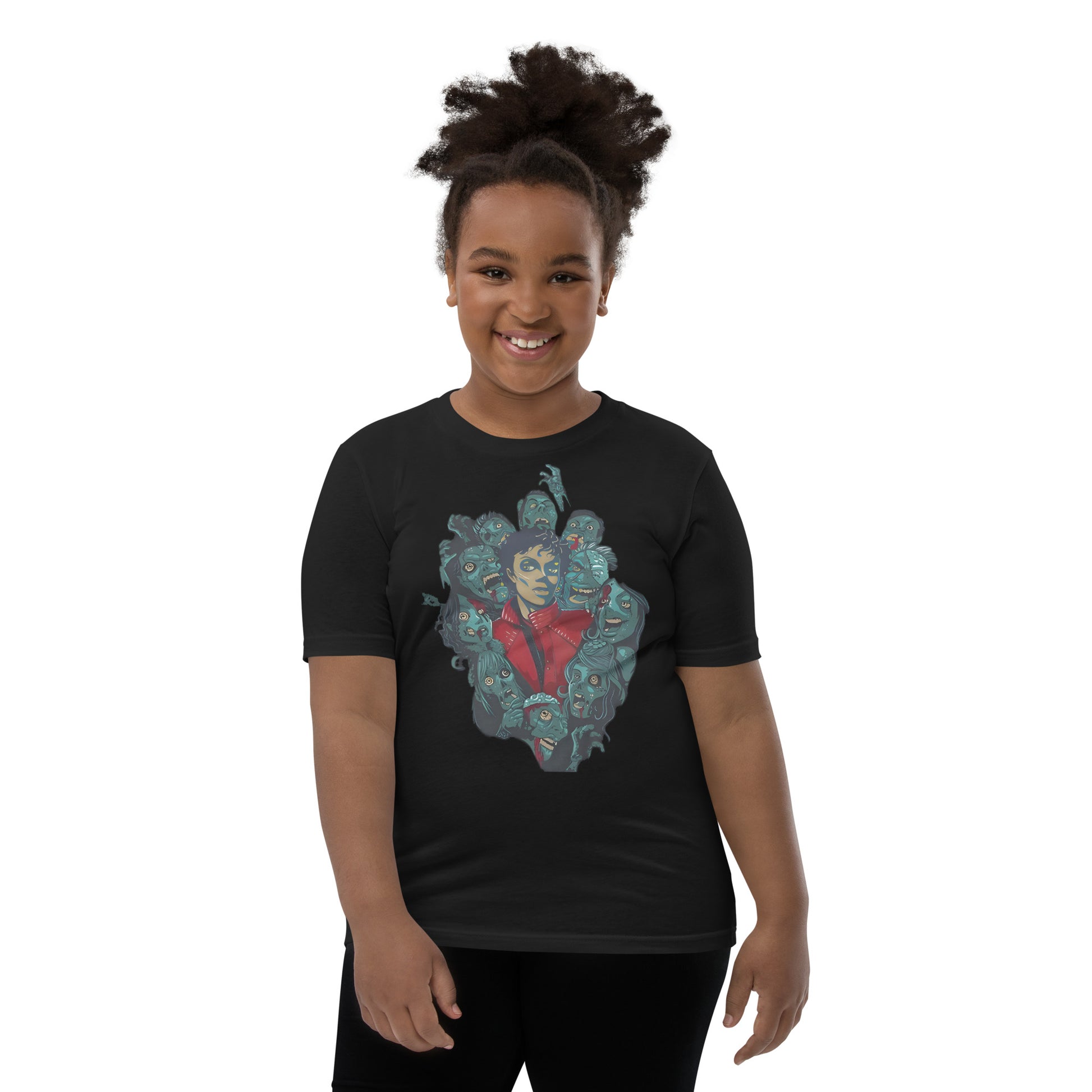Camiseta preta oversized streetwear infantil Michael Jackson Thriller com arte gráfica estilo manga e anime, inspiração pop.