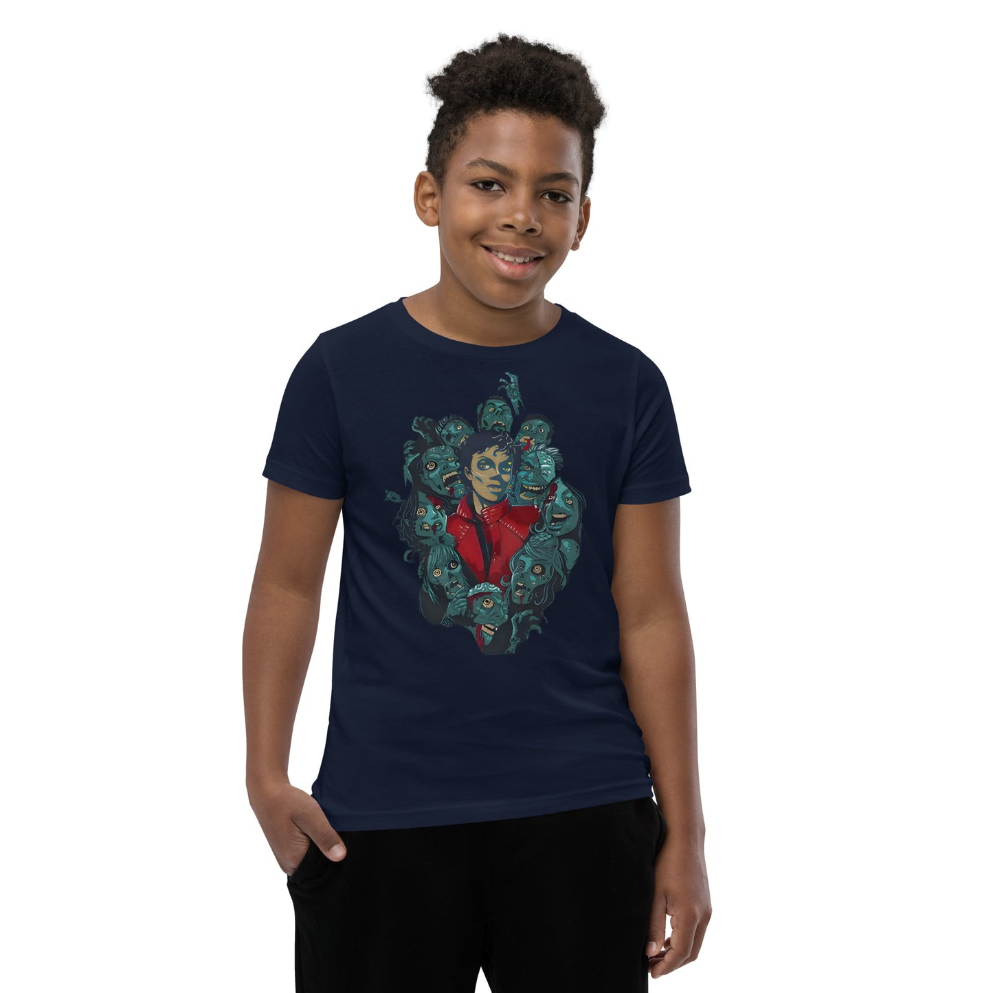 Camiseta infantil azul marinho oversized streetwear com arte gráfica Michael Jackson Thriller estilo manga France 2026.