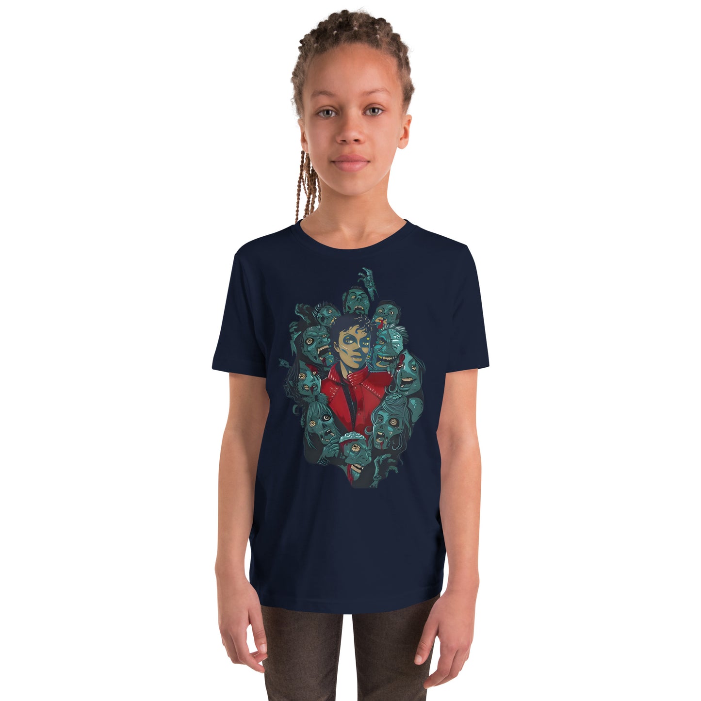 Camiseta streetwear azul marinho infantil com estampa anime Michael Jackson Thriller estilo manga França 2026.