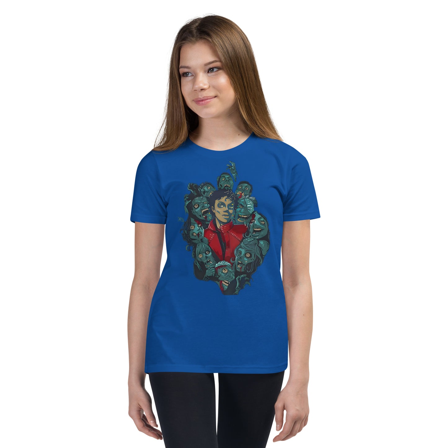 Camiseta azul marinho infantil streetwear com estampa manga anime Michael Jackson Thriller vintage.