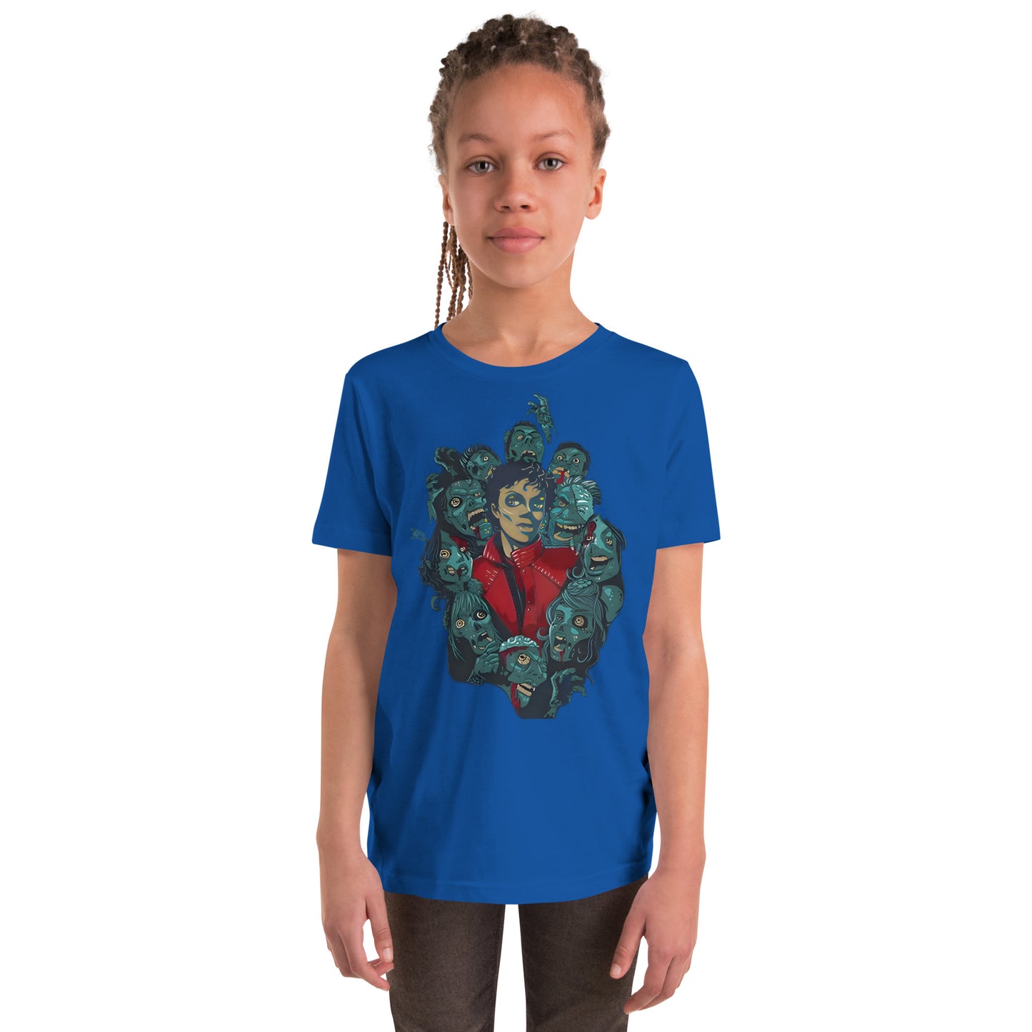 Camiseta azul marinho infantil oversized com estampa gráfica estilo anime do Thriller de Michael Jackson, streetwear.
