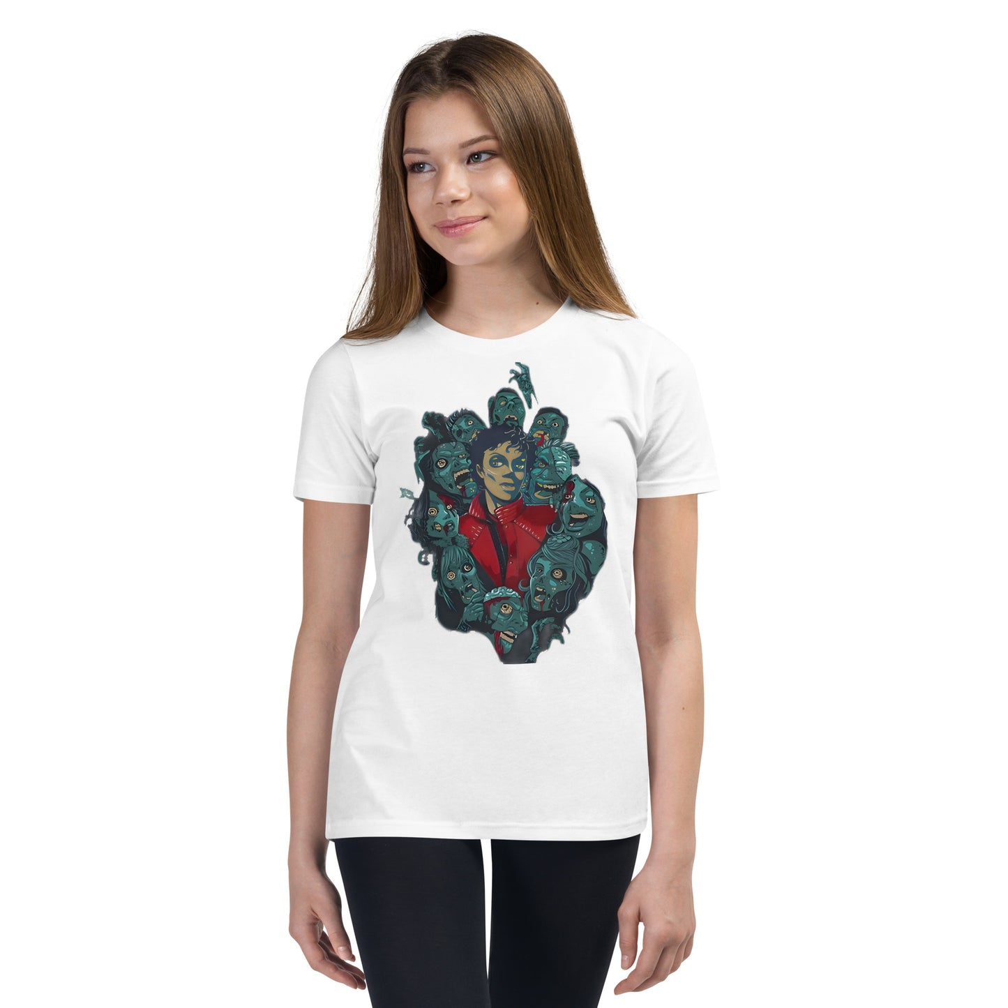 Camiseta branca infantil streetwear com estampa vintage Michael Jackson Thriller estilo manga anime França 2026.