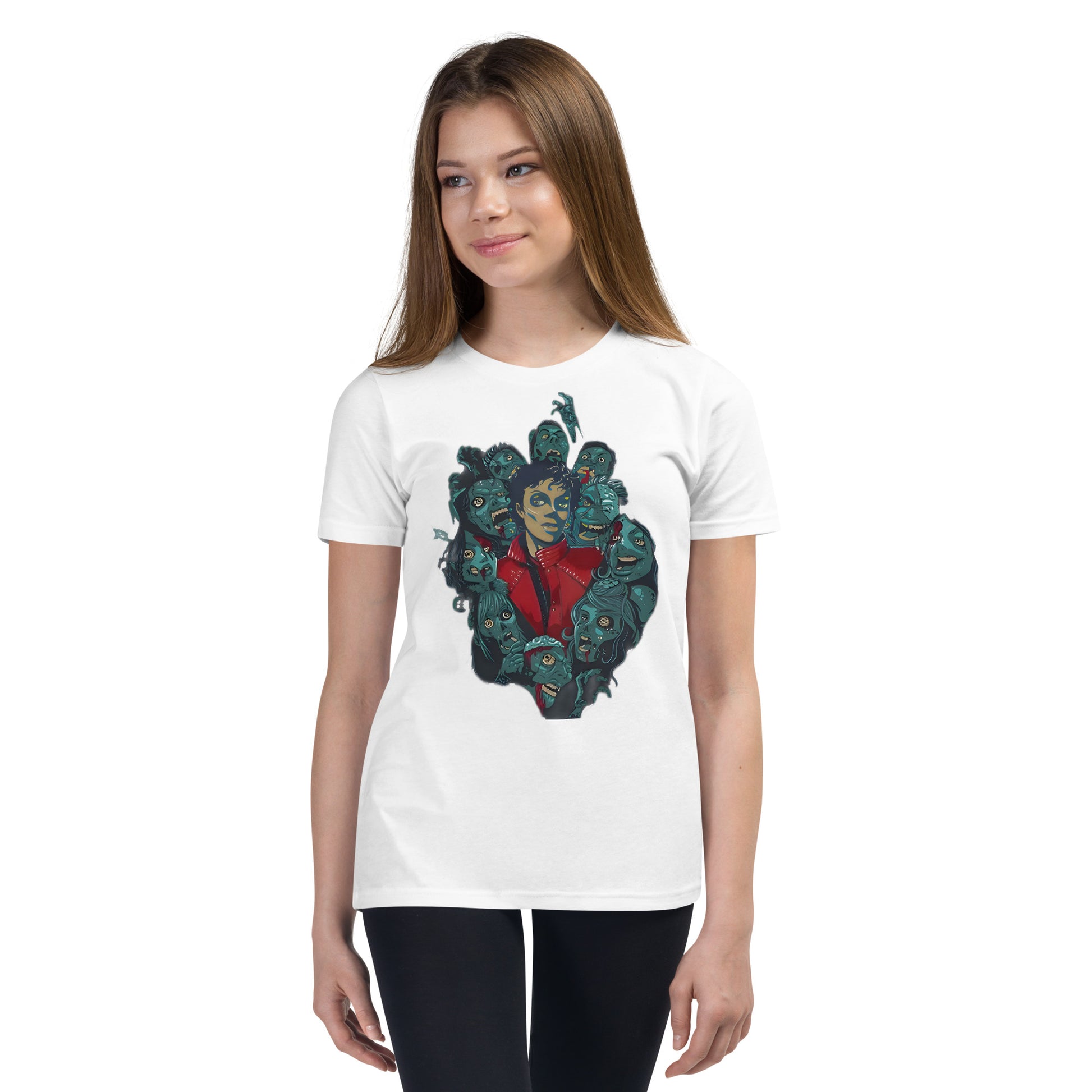 Camiseta branca infantil streetwear com estampa vintage Michael Jackson Thriller estilo manga anime França 2026.