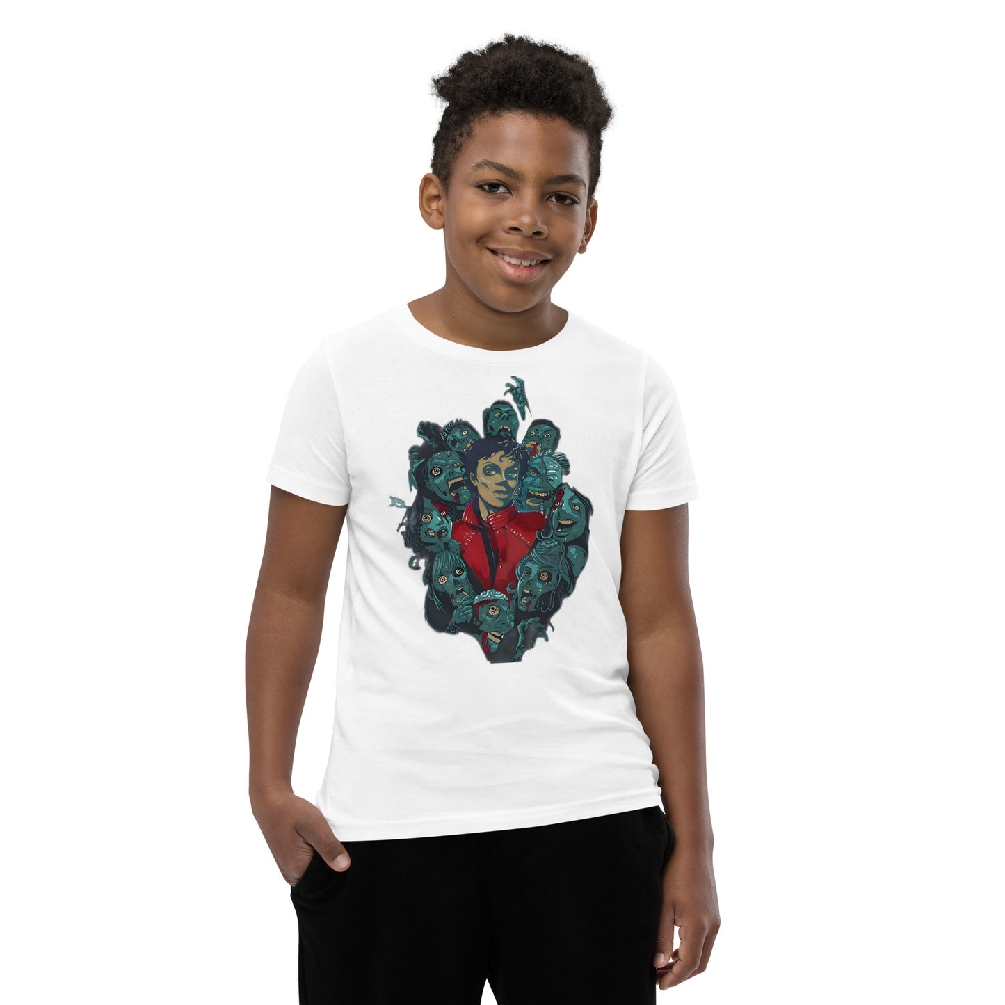 Camiseta branca infantil streetwear com estampa vintage Michael Jackson Thriller estilo manga anime França 2026.