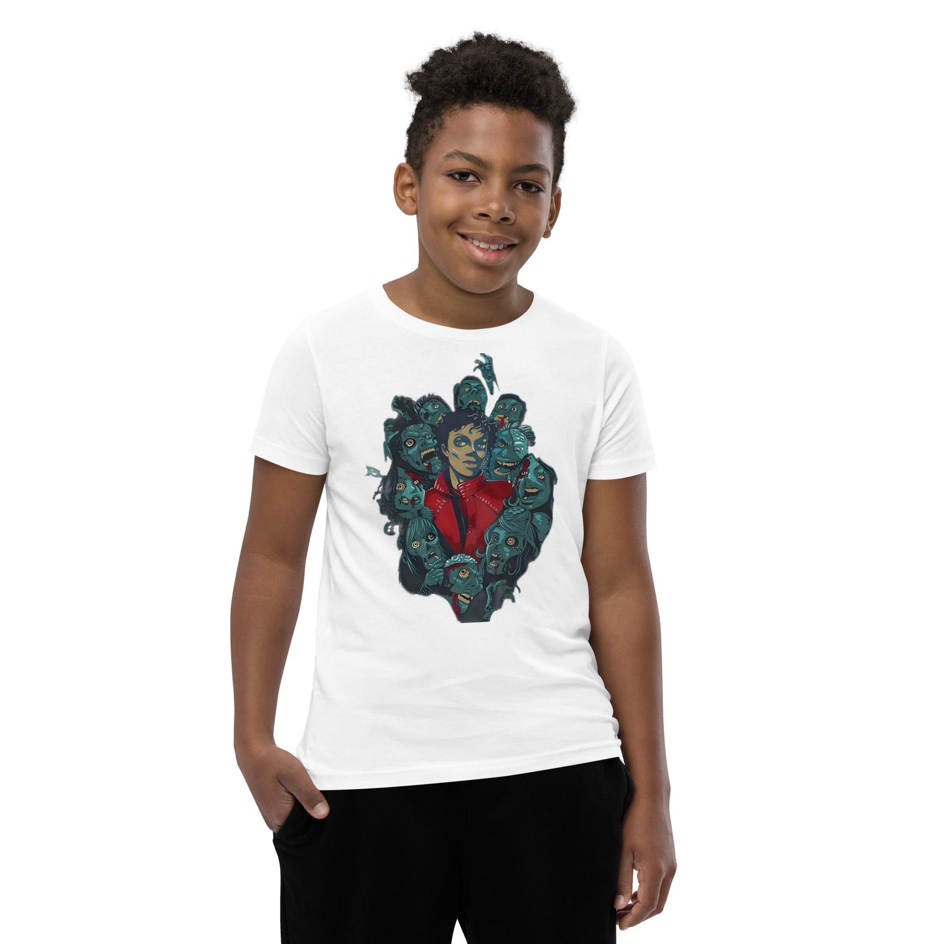 Camiseta branca infantil streetwear com estampa vintage Michael Jackson Thriller estilo manga anime França 2026.