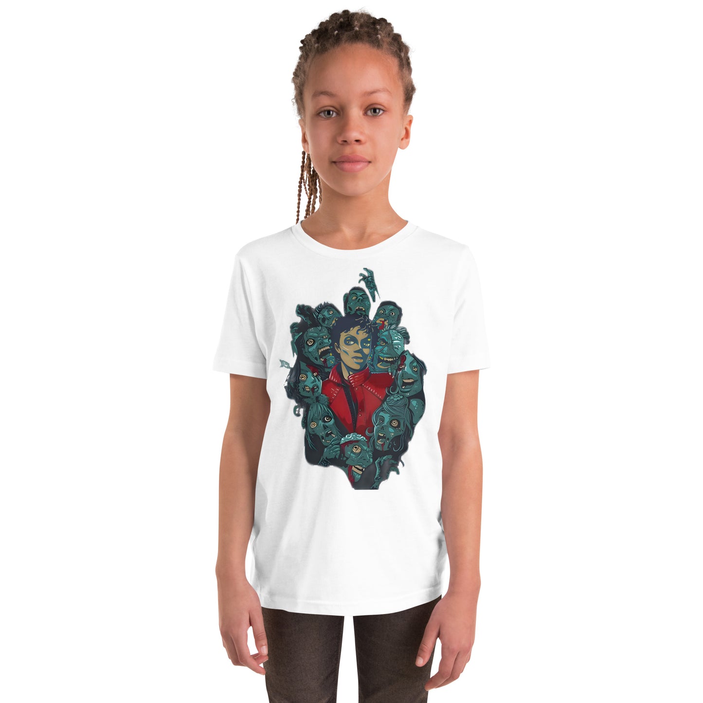 Camiseta branca streetwear manga curta com estampa colorida vintage Michael Jackson Thriller estilo anime manga 2026 França.